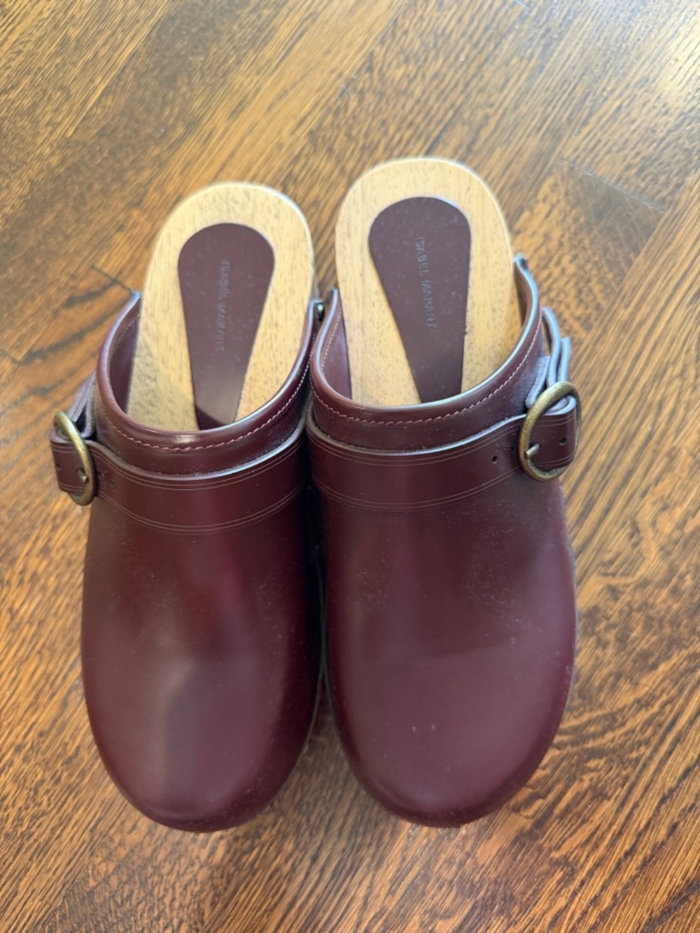 Isabel Marant Women’s Burgundy Leather Slip-On Clogs with Buckle